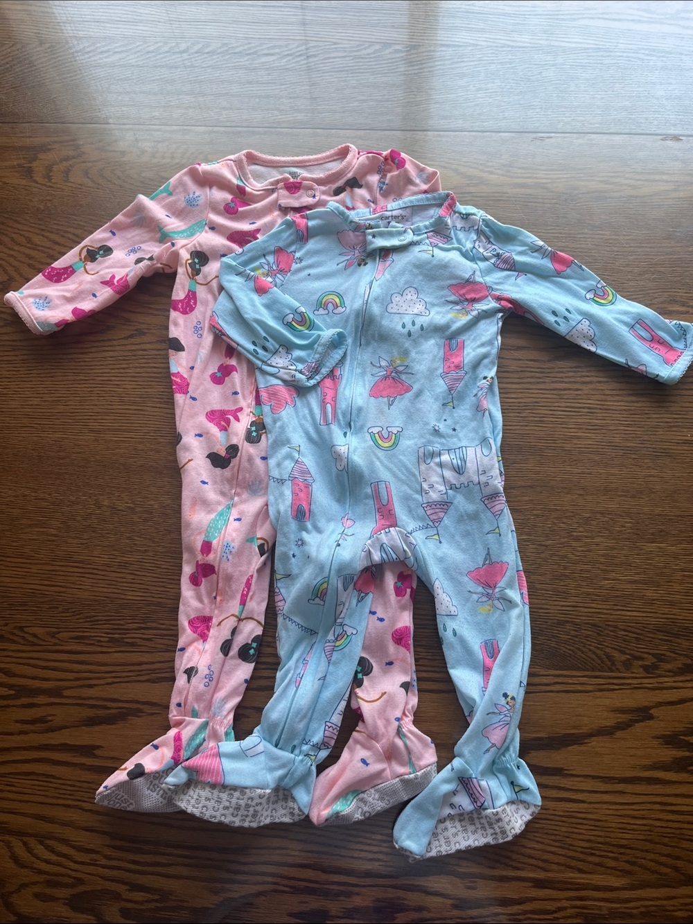 Carter's Pink and Light Blue Printed Footed One-Piece Pajamas - Set of 2